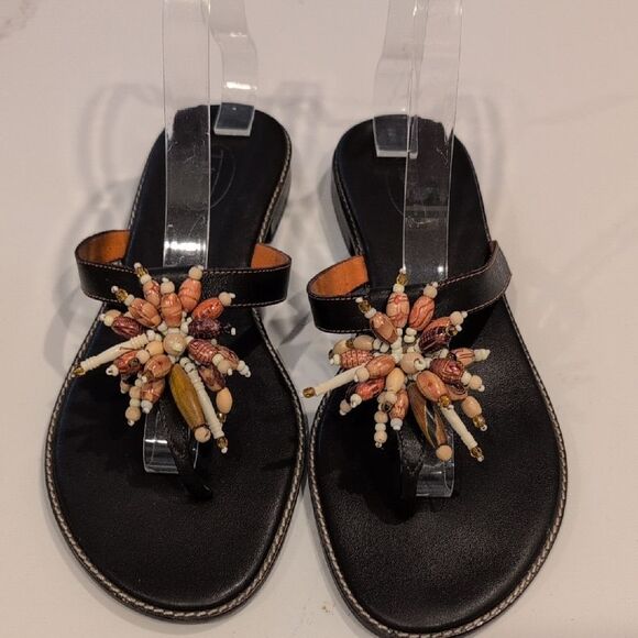 Talbots Chocolate Brown Leather Thong Flat Sandals With Beaded Sunburst - Picture 1 of 9